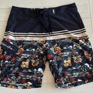 Maui and‎ Sons Black Shark 4-Way Stretch Men's Swim Trunks Board Shorts Size 34